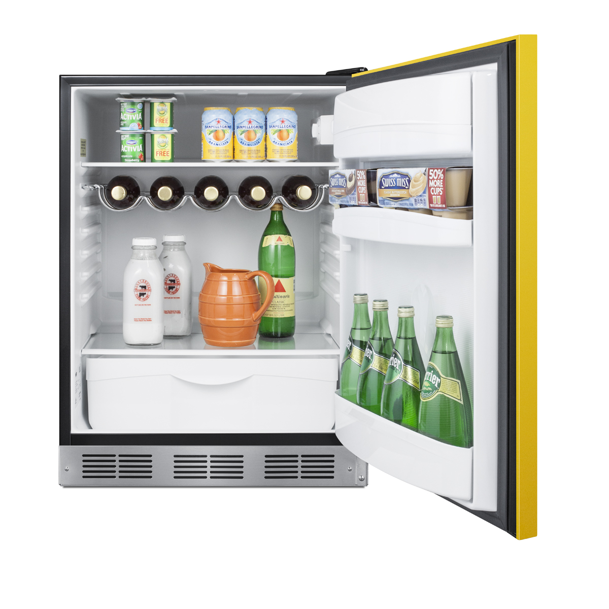 24 in. wide all-refrigerator for residential use, auto defrost with a saffron gold door, stainless steel handle, and black cabinet